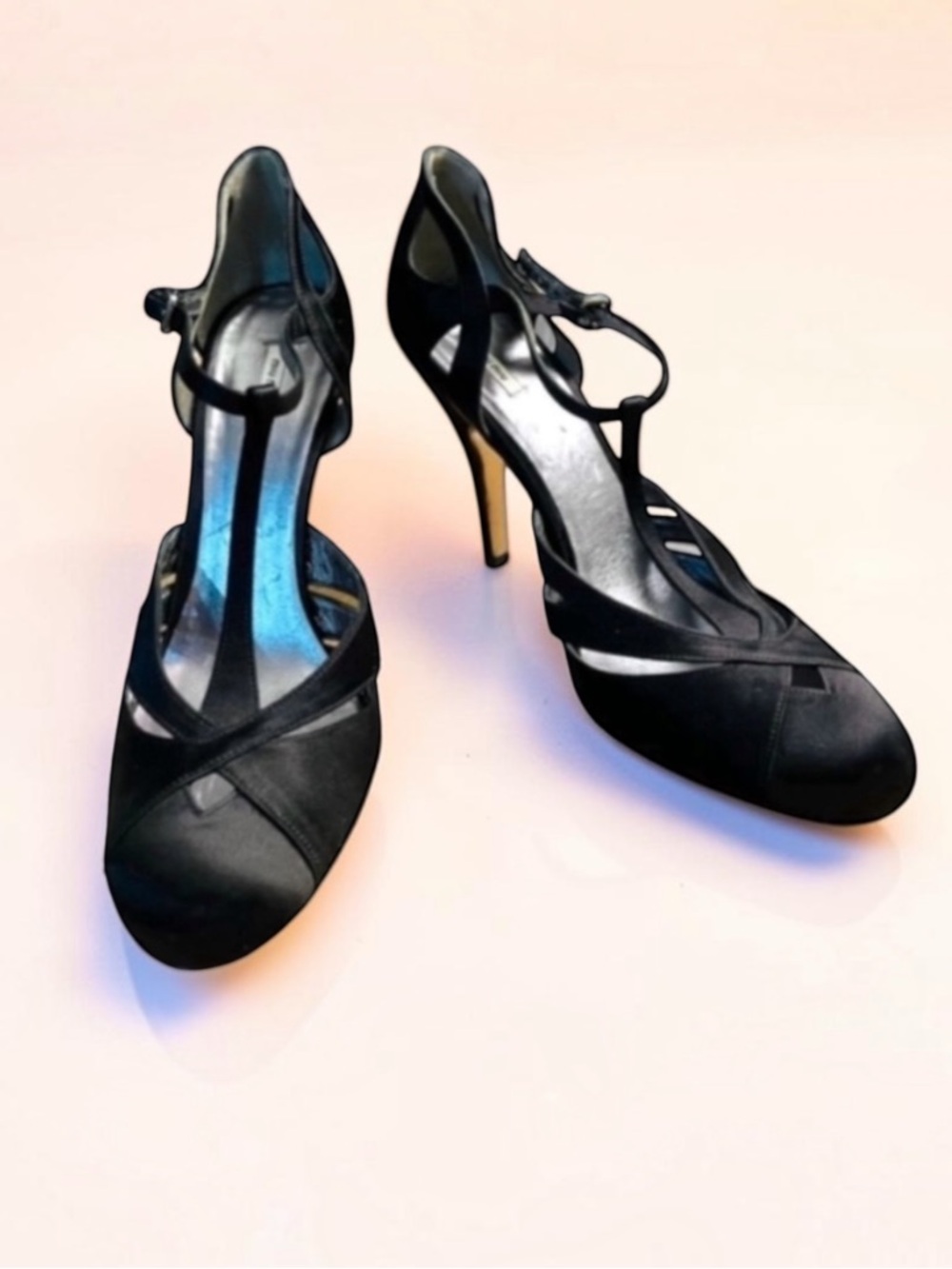 MIU MIU T-STRAP BLACK SATIN EVENING HEEL SIZE 40 ITALY